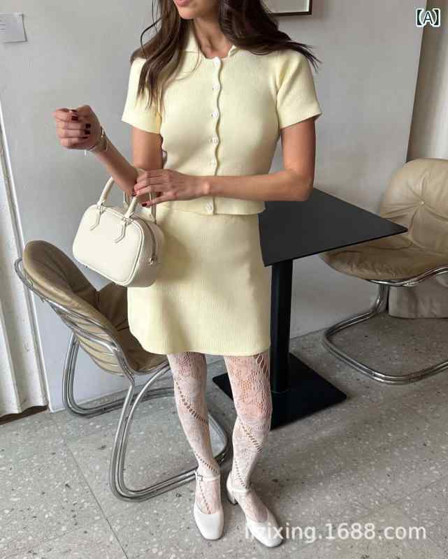 レディース セットアップ 短袖 短スカート 針織 ニット トップス スカート コットン 混紡 軽量 伸縮性 免烫 加工 浅黄色 ピスタチオグ..