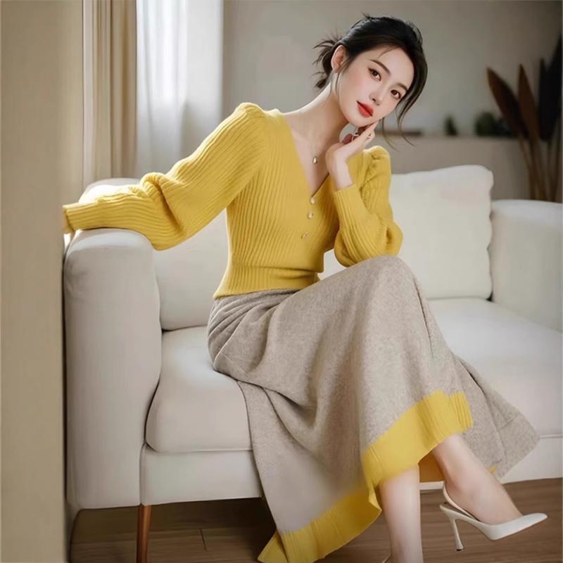 ・スタイル: 通勤風・パターン: 色塊・スカート丈: 中長・流行要素: 撞色・加工: 拼贴/拼接・生地名: 氨纶・主生地成分: ポリエステル70-80%・カラー: 黄色・サイズ: 均一・セットスタイル: スカートセット・袖タイプ: 通常袖・袖丈: 長袖・商品カテゴリ: カジュアルセット