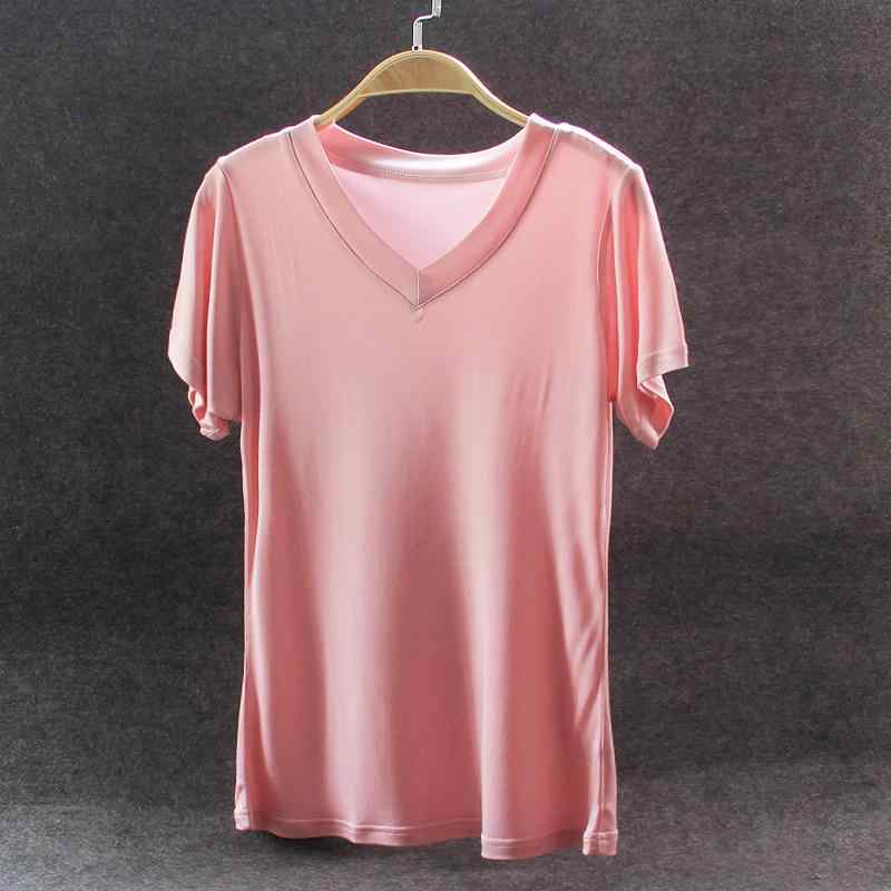 乐天商城 - Tシャツ レディース Vネック 短袖 トップス 桑蚕シルク 混紡 再生繊維 切り替えデザイン 修身 スリムフィット 通勤風 気質スタイル 白色 ピンク 黒 オールシーズン 普段使い 軽量 伸縮性 通勤 デイリー