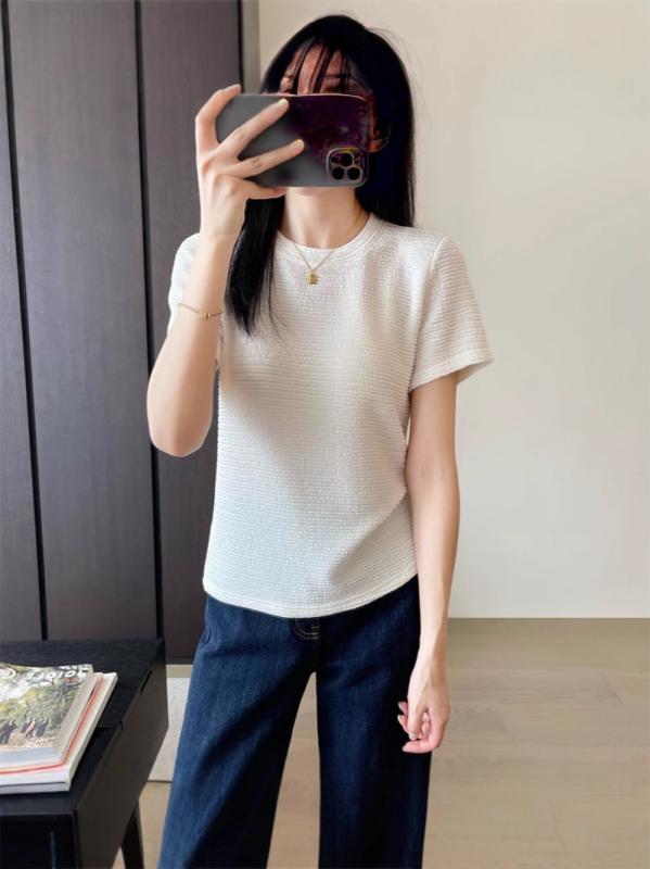 Tシャツ レディース 短袖 醋酸 ニット 正肩 独特 褶皱 肌理感 上衣 夏 米白 黒 通勤 気質 スタイル 接触冷感 素材 軽量 伸縮性 普通 衣..