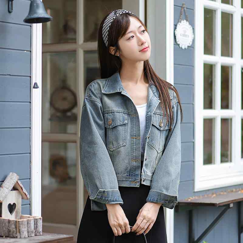 レディース デニム ジャケット 春夏 短め 牛仔 コットン 素材 ゆったり シルエット シングル ブレスト ラペル 襟 長袖 ボタン ディテール 切り替え デザイン 復古 スタイル 韓国風 カジュアル 快適 着こなし デイリー ユース ブルー 洗い加工