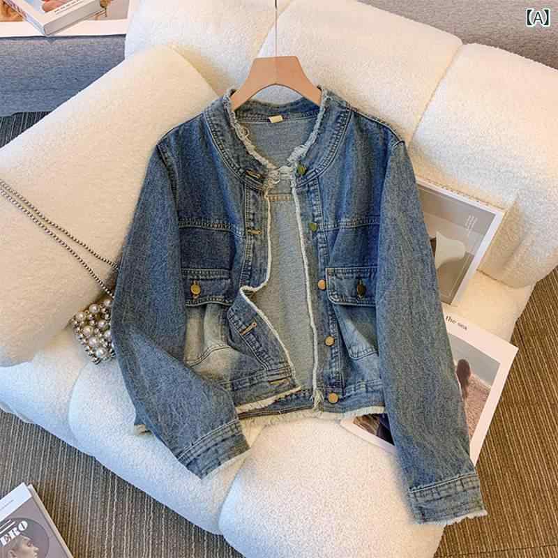 Other Jackets Jumpers - レディース ジャケット デニム コットン 素材 ワイド シルエット 短め 丈 丸首 長袖 秋冬 シーズン 気質 通勤 スタイル 都市 ファッション ヴィンテージ風 ウォッシュ 加工 フリンジ ディテール 軽量 伸縮性 日常 使い 秋 コーデ トップス