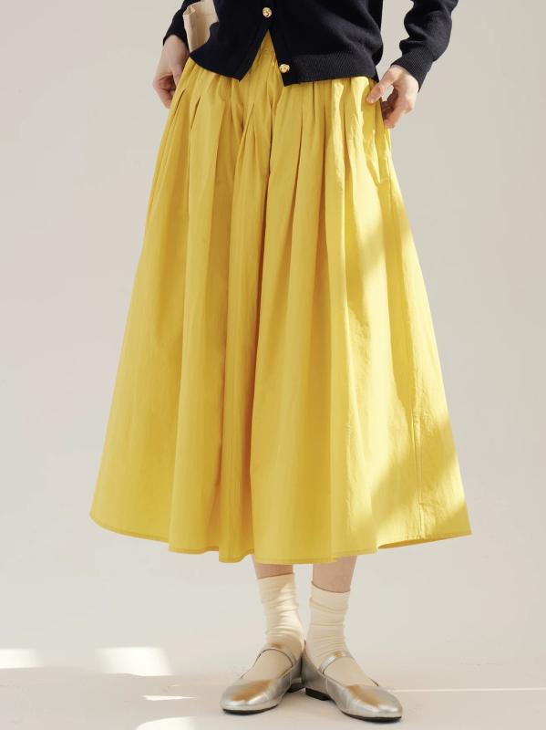 Half-Length Pants - スカート レディース ミディ丈 プリーツ フレア ミディスカート 気質 通勤風 明黄色 ポリエステル混 微弾力 軽やか シルエット ビジネス フェミニン スタイル オフィス コーディネート