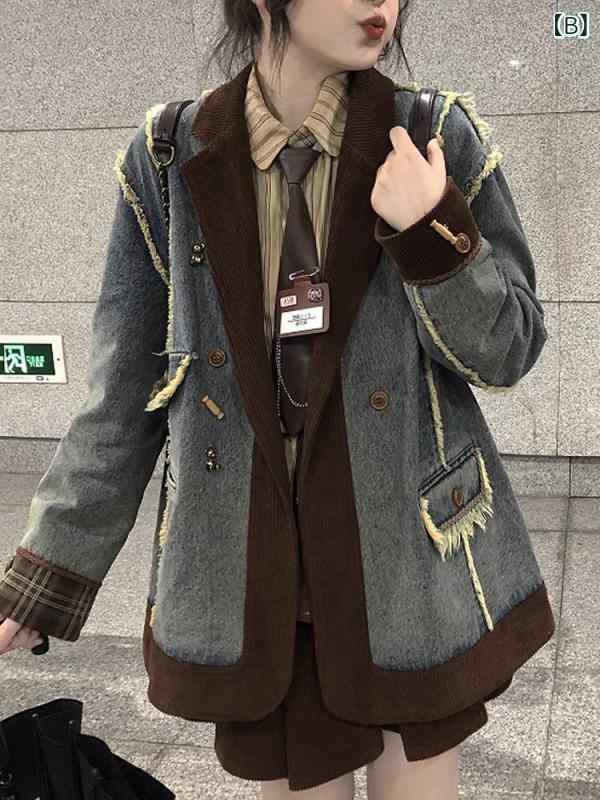 レディース セットアップ 西装外套 半身スカート 連衣裙 牛仔 灯芯绒 ジャケット ミディスカート ワンピース セット TR素材 ピンストライプ シャツ 長袖 ハイウエスト 百褶 スカート 西装領 単排ボタン コーヒー ブルー 秋冬 復古 港風 韓系 日 2