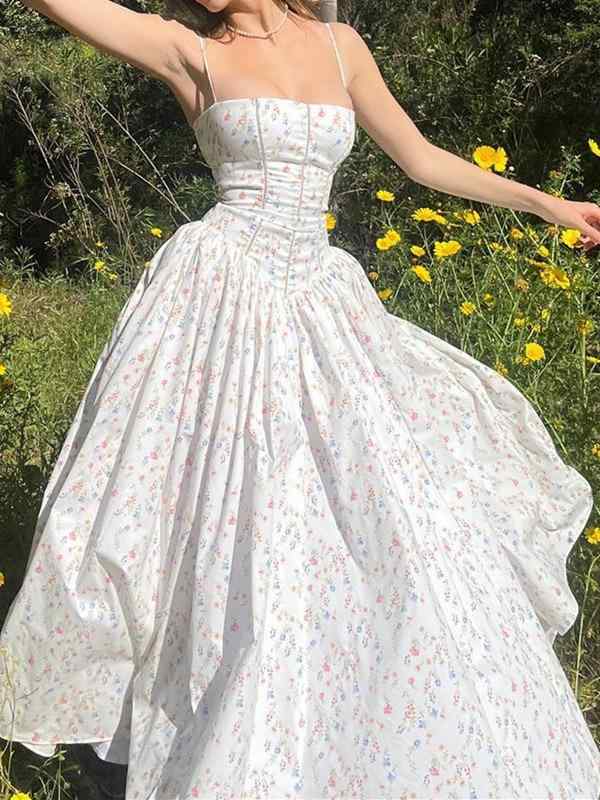 Rakuten - レディース ワンピース 春夏 吊り帯 ロング丈 ストレート Uネック ノースリーブ 高腰 露背 白色 花柄 切り替え フレンチ カントリー 修身 セクシー 気品 かわいい 軽量 コットン混 通勤 デート 普段使い