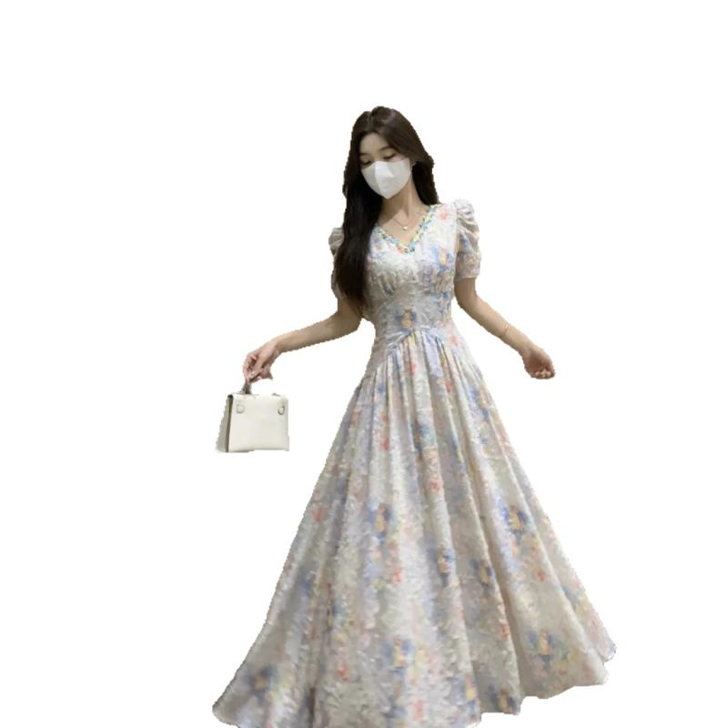 樂天商城 - ワンピース レディース 春夏 フレンチスタイル 気品 ティータイム 小花柄 中長丈 Aライン Vネック 短袖 ポケット 付き ポリエステル 繊維 優雅 風 通勤 かわいい 軽やか 収腰 スリム シルエット 基本 デザイン 単品 組み合わせ