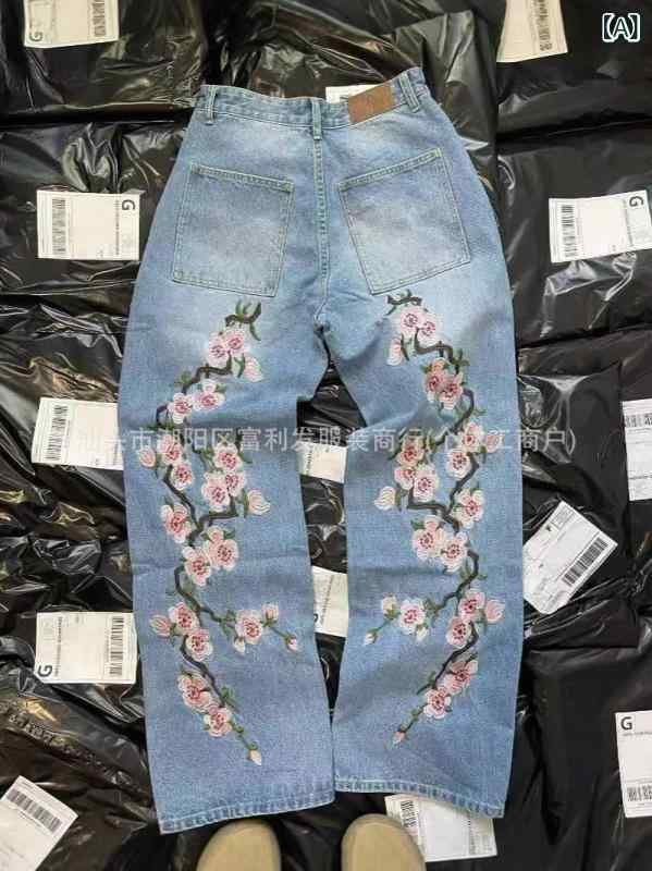 樂天商城 - 牛仔パンツ メンズ レディース 直筒 長ズボン 高腰 中厚 ポケット 秋 軽量 綿素材 微弾性 花柄 浅青 黒 ゆったりシルエット 日韓カジュアル 慵懒風 街頭スタイル 免烫加工