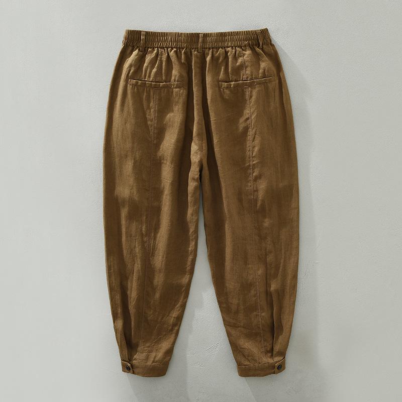 Cropped Pants - メンズ 麻 ロングパンツ ゆったり 薄手 青年向け 松腰 紐締め 中腰 直筒 束脚 夏 日常 カジュアル 純色 黒 卡其 軽量 通気性 免烫 ポケット 装飾 100%麻 コットン 代替 素材 ベーシック スタイル シンプル デザイン 快適 履き心地 軽快