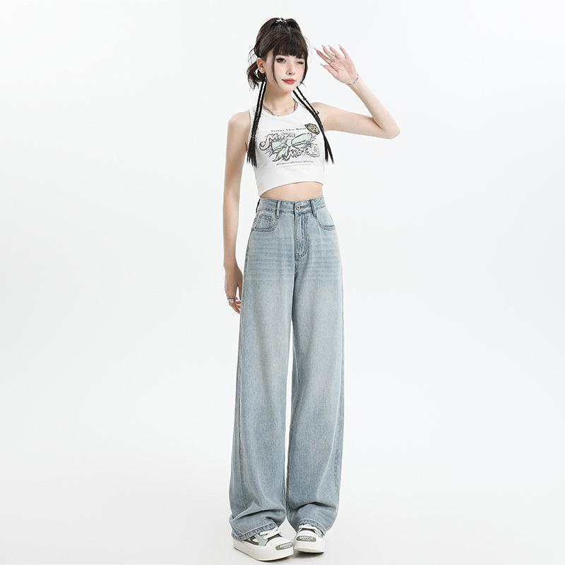 レディース 牛仔パンツ ワイドレッグ ハイウエスト ストレート 長ズボン 綿素材 微弾性 垂感 スリム効果 街頭スタイル 欧米風 ポケット..