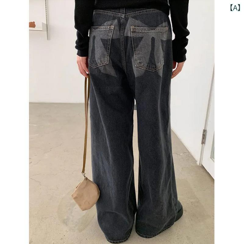 Rakuten - レディース デニムパンツ ワイドレッグ 高腰 スリム ヴィンテージ風 ウォッシュ加工 バック リボン プリント 黒 通勤 オフィス 普段使い カジュアル 綿素材 長丈 気質 スタイル
