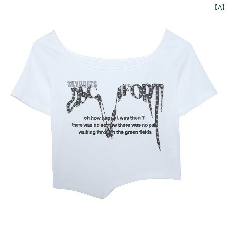 樂天商城 - Tシャツ 女性用 タイト スクエアネック 短袖 クロップド 露腰 綿 素材 アルファベット柄 プリント 加工 メタルリベット 修身 シルエット 短丈 40-50cm 街頭スタイル セクシー 夏 シーズン 白 黒 色 オールシーズン対応 軽量 通気性 普段