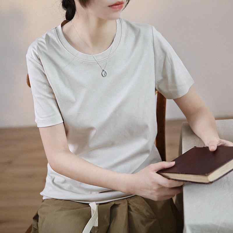 Other - Tシャツ レディース 春夏 桑蚕絲 綿 切り替え ルーズフィット 丸首 短袖 トップス 黒 ココナッツミルク白 柔軟 日常 デイリー カジュアル レイヤード ユニセックス