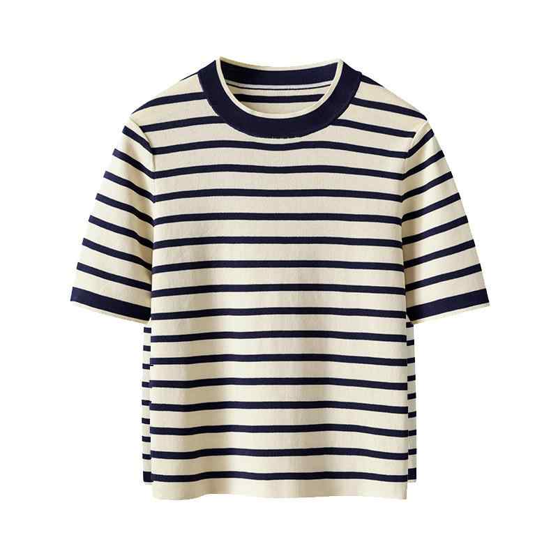 Tシャツ レディース 短袖 丸首 ストライプ 切り替え コットン 純棉 夏 2025 ネイビー 修身 日常 着用 快適 日韓 カジュアル スタイル 百搭 上衣