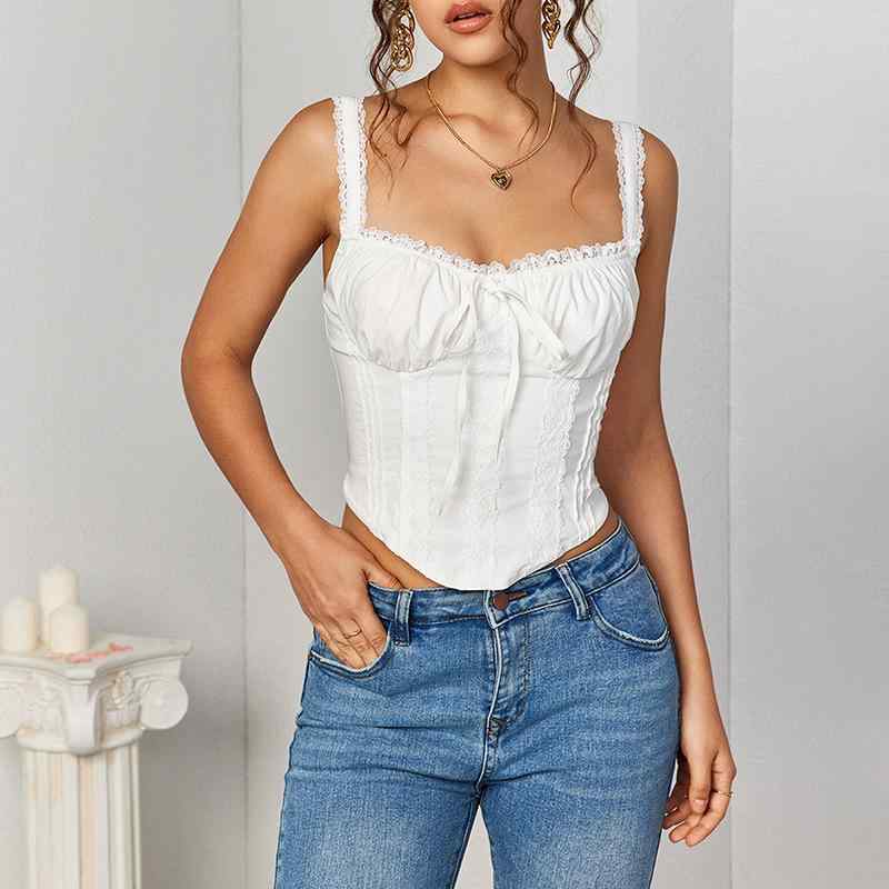 Rakuten - キャミソール レディース セクシー レース 切り替え 吊り紐 背中開き プリーツ 短丈 修身 上衣 無袖 綿ポリエステル 単品 ストラップ タイトフィット ボリュームネック バインダー 街頭 セクシー スタイル 白色 赤 青 夏