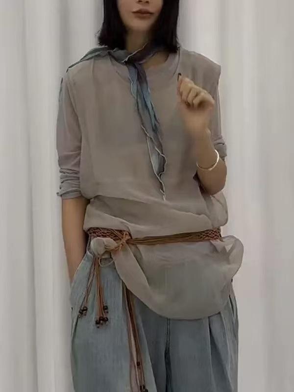 長袖 防晒 シャツ 灰色 ネット 刺繍 デザイン トップス 女性用 涤纶 素材 ワイド シルエット 丸首 袖なし 風 単品 トレンド ストリート スタイル ゆったり フィット 夏 シーズン 服