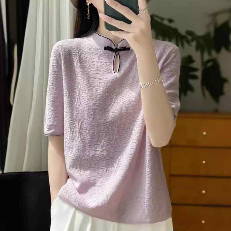 Tシャツ レディース 短袖 立領 盤ボタン 国風 復古 トップス 精紡羊毛 混紡 レース ニット 純色 セットアップ風 気質 優雅 文学的 夏 ..