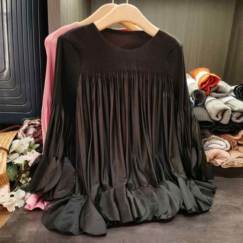 Tシャツ レディース 七分袖 フリル ゆったり プリーツ トップス 通勤 気質 秋 黒 ポリエステル セットアップ 丸首 普通丈 プレーン 人気 スタイル fork-br-10807128 フォークBR パッケージ画像