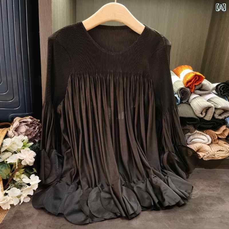 Tシャツ レディース 七分袖 フリル ゆったり プリーツ トップス 通勤 気質 秋 黒 ポリエステル セットアップ 丸首 普通丈 プレーン 人気 スタイル fork-br-10807128 フォークBR サンプル画像2