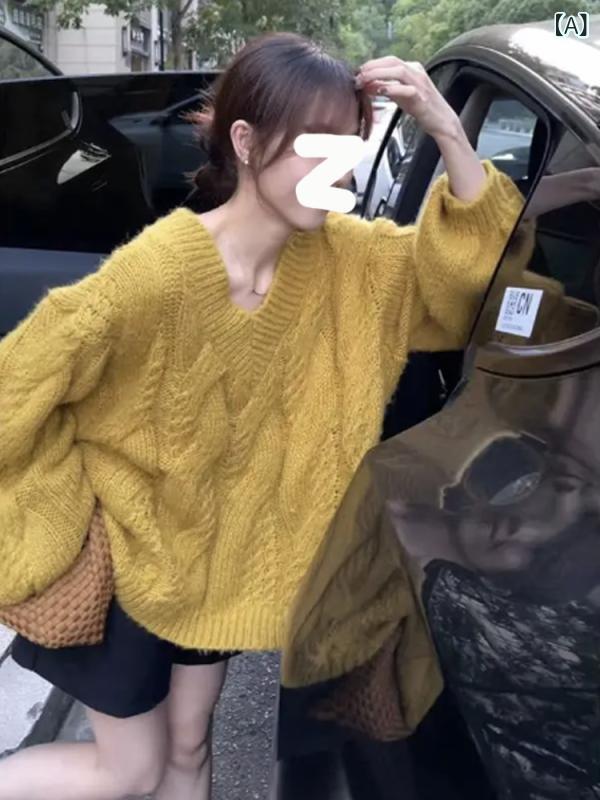 レディース ニット トップス セーター 姜黄 Vネック 麻花編み 長袖 セットアップ ワイドシルエット ゆったり 着こなし 秋冬 雪ニール 混紡 単色 ポロ襟 ルーズ フィット 私服 スタイル 御姐風 トレンド 着こなし 華やか デザイン 細見え 効果