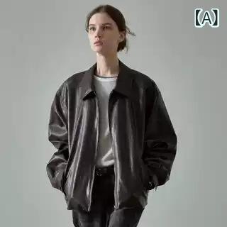 Other - レディース 皮ジャケット 秋冬 秋 棕色 黒 短丈 ロングスリーブ ラグランスリーブ ジップアップ ゆったりシルエット デザイナー風 洗練 高級感 ポケット 気質 通勤スタイル 普段使い 軽量 伸縮性 偽皮革 PU素材 シワ加工 女性用 トップス アウタ