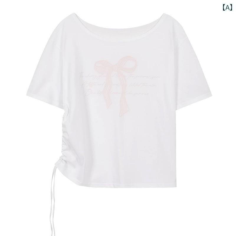 Tシャツ レディース 露肩 斜肩 長袖 短袖 白色 綿 95% 印花 3D 立体 蝴蝶结 プリント 蝶結び 抽皱 プリーツ 韓国風 韓系 気質 かわいい..