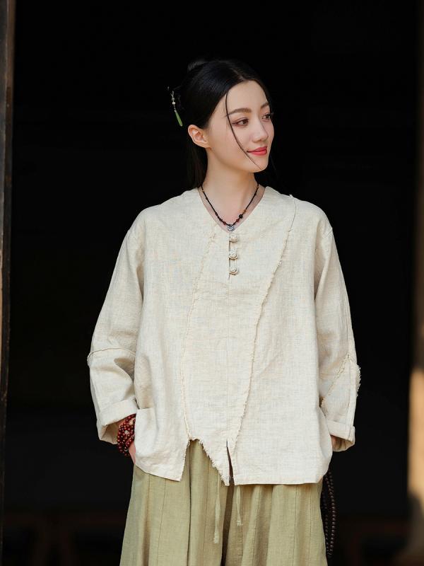 樂天商城 - レディース Tシャツ 復古 Vネック 綿麻素材 切り替え 長袖 砂洗加工 毛縁 不規則 トップス 個性派 麻色 酒紅 禅黄 寛鬆 普通丈 常规袖 流行 不対称 盤扣 文艺 復古風 麻 70-80%