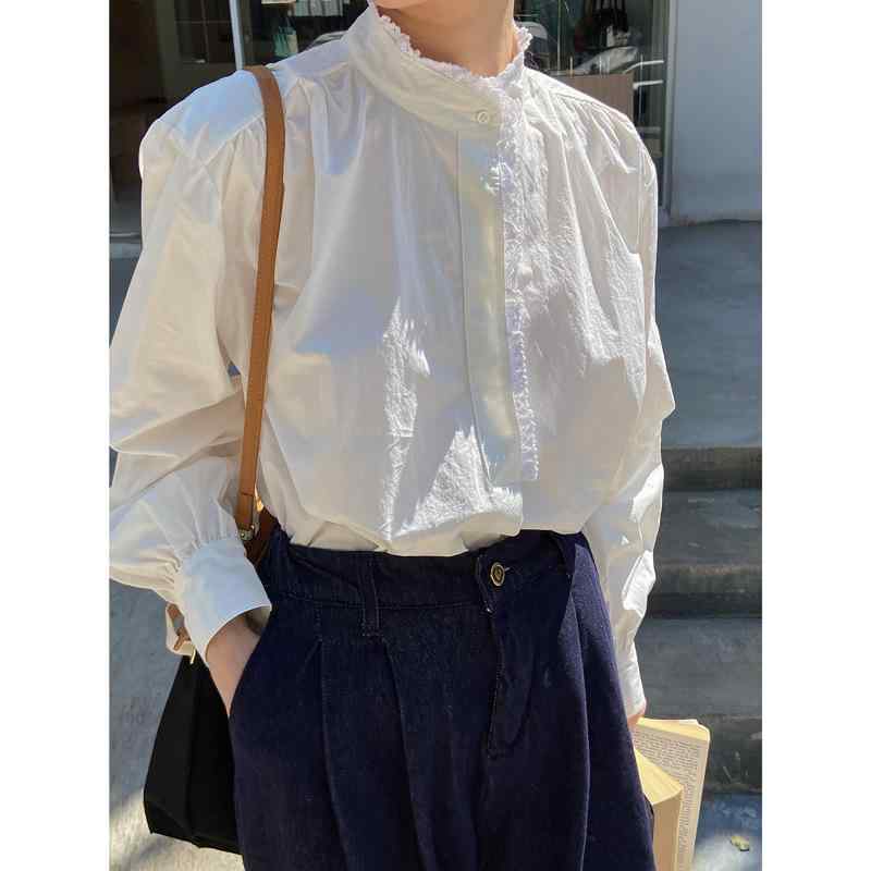 Shirts - シャツ レディース 秋 法式 復古 立領 泡泡袖 レース 花边 切り替え 綿 ポリエステル 長袖 ボタン ワイドシルエット 普通丈 丸首 単排扣 純色 白 ゆったり トップス オープンカーディガン スタイル 芸術的 ロマンチック 秋冬 ファッション 日常