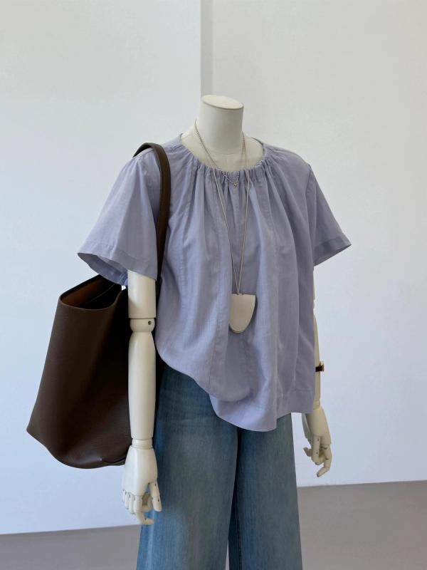 Rakuten - 女性用 短袖 シャツ 紫 緑 白 純色 春夏 軽薄 接触冷感 天絲混紡 再生繊維 切り替え 加工 ワイドシルエット ラウンドネック 気質 通勤 スタイル ボタン トップス ブラウス 軽量 涼しい 日常使い