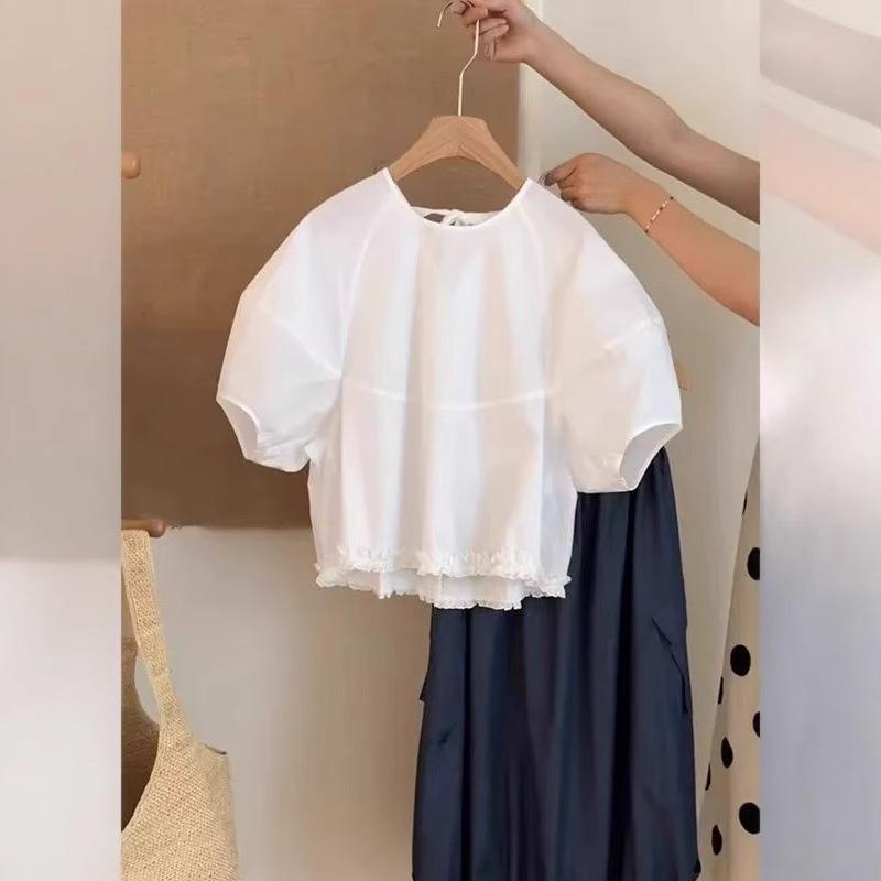 衬衫 - シャツ レディース 女性用 トップス 綿麻 素材 純色 デザイン 基本款 七分袖 切り替え 加工 ワイドシルエット ルーズフィット 普通丈 50cm 65cm ラウンドネック スタンダードスリーブ ドゥード加工 2025夏 シーズン 白 カラーバリエーシ