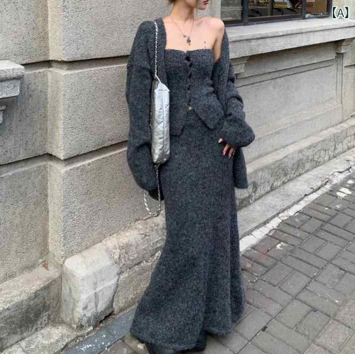 レディース スカートセット 秋冬 気質 通勤 トップス ニット 長袖 ポリエステル スパンデックス 切り替え 革調 深灰 杏 中長丈 セットアップ