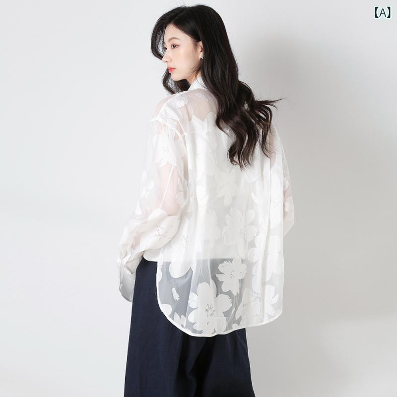 Rakuten - シャツ レディース 春夏 防晒 気質 デザイン 半透け 復古 提花 大花柄 ワイド トップス 綿 ポリエステル 花柄 長袖 開襟 ボタン ゆったり 普通丈 スタンダード袖 日韓 スタイル カジュアル 白色 黒