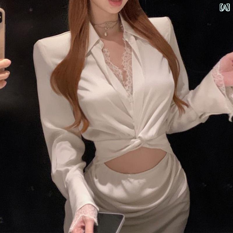 レディース セットアップ 長袖 レース 切り替え シャツ 杏色 ミディ スカート デニム ポリエステル 素材 日韓 スタイル シンプル デザイン オールシーズン 休闲 トップス 半身丈 スカート セット 牛仔布 面料 3D 効果 貼布 装飾 常规 袖 ス