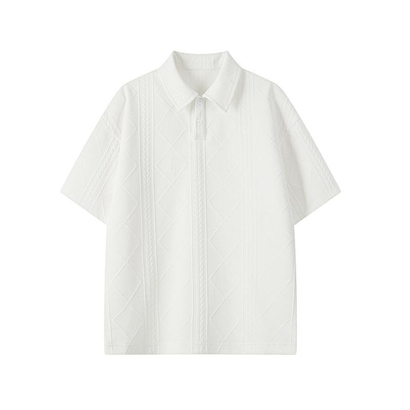 Spain （Clubs） - Tシャツ メンズ 短袖 2025 夏季 韓国風 ポロカラー アメリカン レトロ 麦わら柄 ヘンリーネック 大きいサイズ 合体型 薄手 ポリエステル 耐磨 白色 黒 杏色 夏向け 免烫 化纤混紡 青春 流行 青年向け