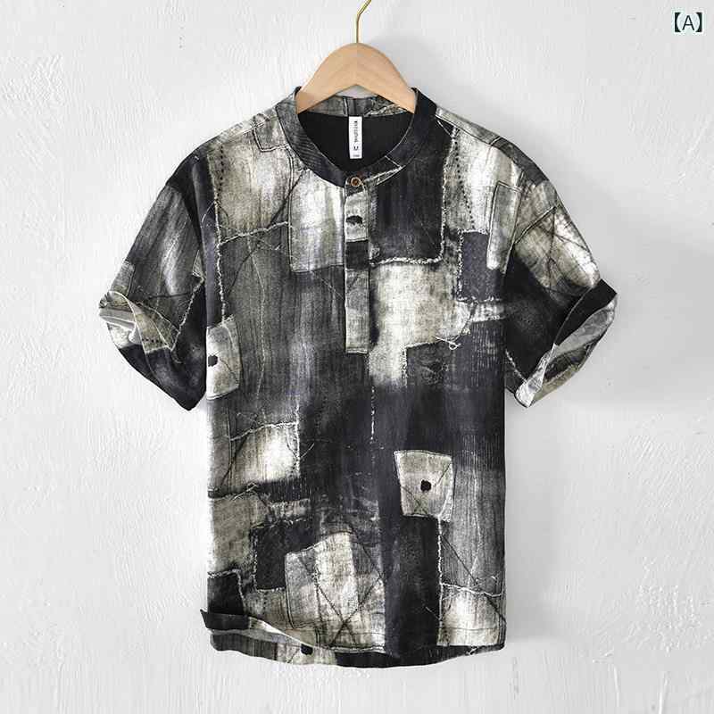 Rakuten - Tシャツ メンズ 短袖 立領 麻 100% 復古風 ゆったり 個性 プリント フラワー柄 グレー ブルー 夏 日常 カジュアル ファッション トップス 麻素材 軽量 吸湿 通気性 青少年 成人 24-35歳 都市スタイル セットアップなし オリジナルデザ