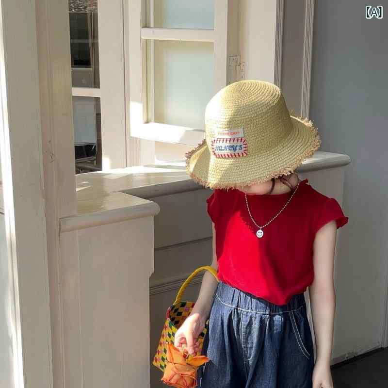 外套 - 女の子 夏服 セットアップ 田園風 吊り下げトップス レース 綿素材 赤 花柄 背心 ワイドレッグ デニムパンツ 薄手 短袖 かわいい 軽量 通気性 子供服 3点セット