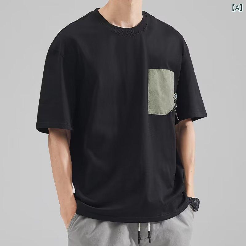 Rakuten - メンズ Tシャツ 丸首 短袖 コットン ストライプ ポケット 切り替え 直筒 薄手 夏季 黒 白 杏 コーヒー 耐磨 休闲 青年 几何 免烫 針織 挿肩 180-250g 聚酯 50%