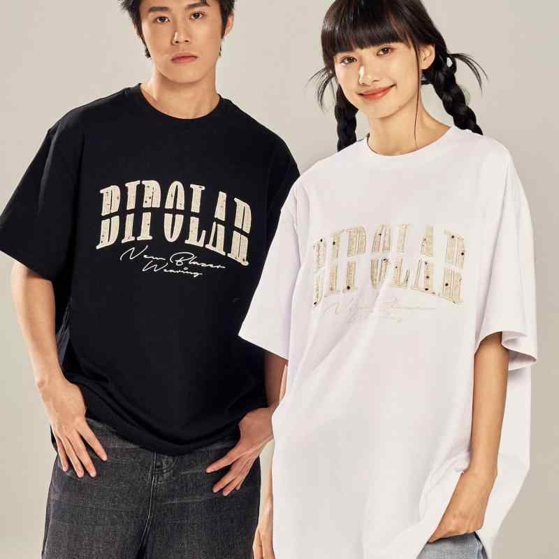 Rakuten - Tシャツ メンズ レディース 短袖 丸首 ゆったり コットン 混紡 刺繍 デザイン ユニーク トップス 黒 白 天藍 夏 日常 幾何学柄 印花 加工 普通厚 200g ティーンエイジャー 18-24歳
