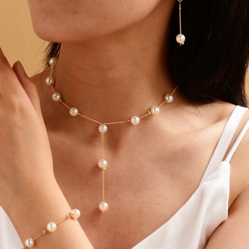 Women's Jewelry Set, Korean Style Fashion, Cute, Elegant, Simple, Refined, Pearl Necklace, Earrings, Bracelet, Alloy, Snake Bone Chain, Gold, Round Motif, Fresh, Sweet, Spring 2022