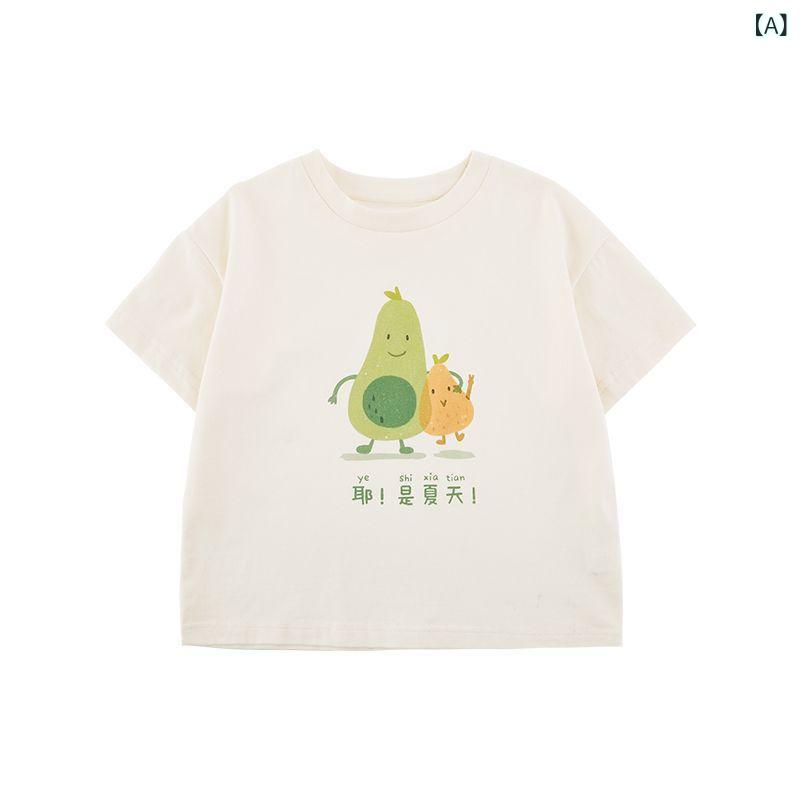 女の子 Tシャツ 短袖 夏 かわいい 果物柄 プリント コットン 柔らかい 素材 丸首 落肩 デザイン 梨子 草莓 西瓜 柄 軽量 薄手 韓国風 スタイル 子供服 普段使い トップス 半袖