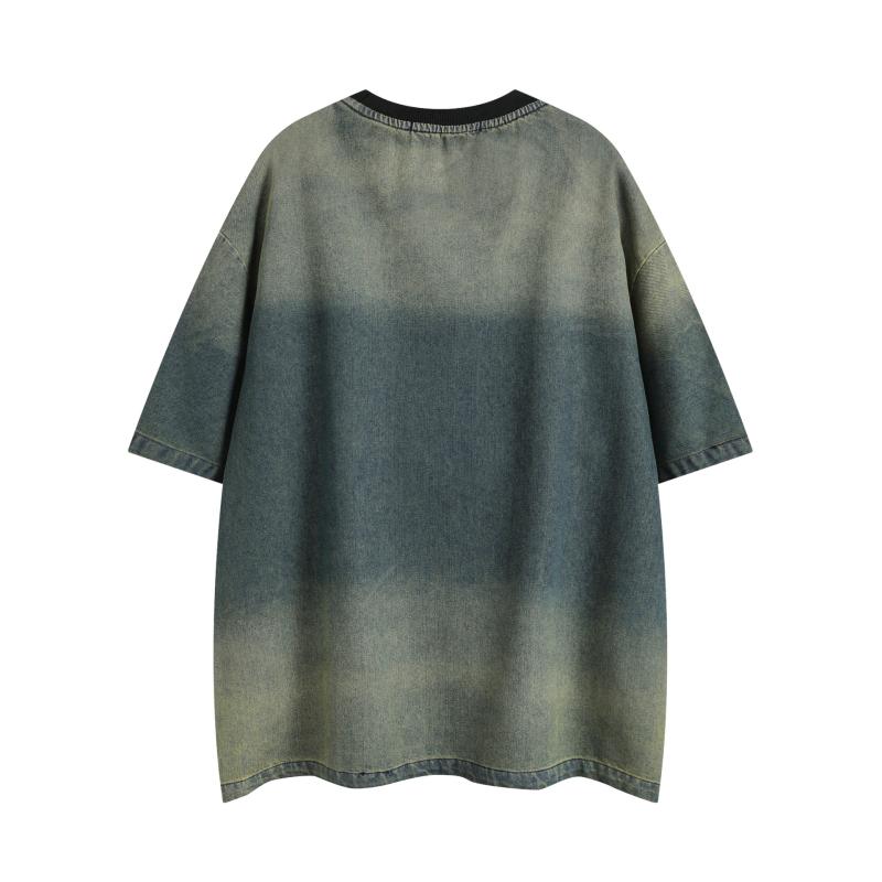 乐天商城 - Tシャツ メンズ レディース 短袖 復古風 タイダイ柄 貼布刺繍 毛羽立った縁 字母プリント 洗い加工 ワイドシルエット 上衣 綿素材 デニム風 ポリエステル混紡 色落ち加工 色牢度高 夏用 ブルー クリエイティブ ユーモア 刺繍加工 ルーズフィット カ