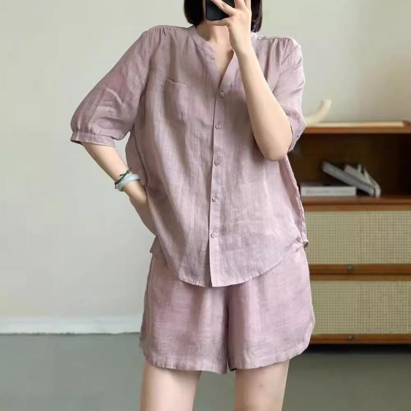 樂天商城 - レディース トップス ショートパンツ セット 綿麻 素材 紫 麻色 灰 色 シンプル デザイン 気質 ファッション 春季 季節 ゆったり 大きめ サイズ ボタン 装飾 切り替え 加工 袖 タイプ 通常 袖丈 七分 丈 復古 スタイル 芸術的 風 個性 ス