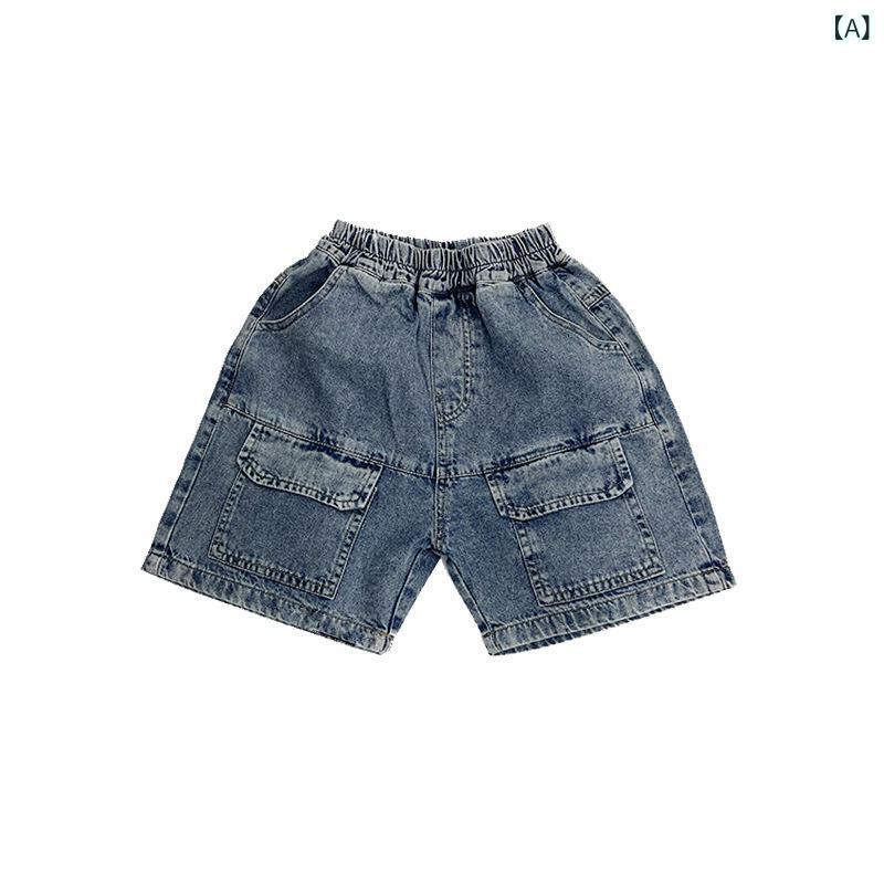 子供 ショートパンツ 男の子 女の子 夏 デニム 綿100% 牛仔ブルー 牛仔ブラック 高腰 大ポケット ゆったり ワイド シルエット 柔軟加工 酵素洗い 快適 肌触り 軽量 通気性 普段使い 遊び着 3-8歳 中小児 100-140cm