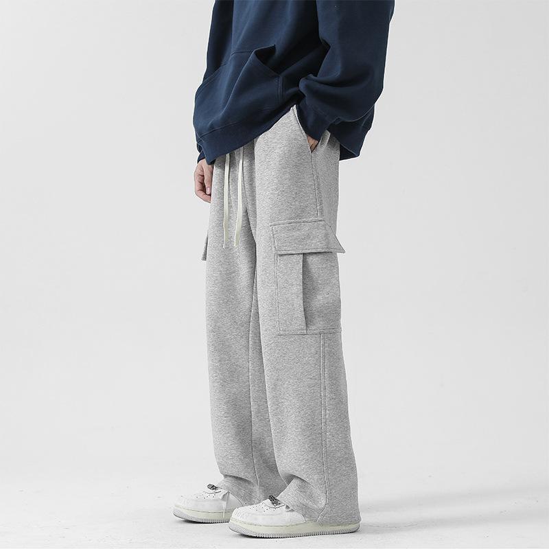 Bottoms - メンズ スウェットパンツ 工装パンツ 直筒パンツ 長ズボン 中腰パンツ 腰帯付き 系紐 普通厚 無地 春季 秋季 青年用 コットン混紡 コットン85% 微弾性 免燙 成人男性 休闲パンツ 灰 黒 加绒タイプ