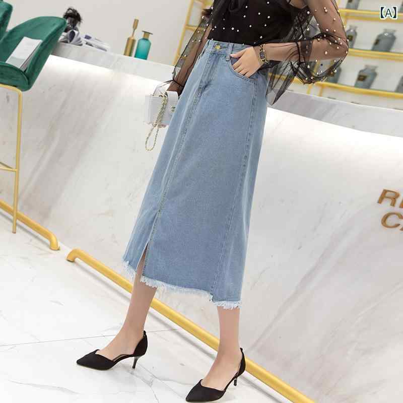 レディース スカート 半身スカート 牛仔スカート デニムスカート 女性用 高腰スカート Aラインスカート ミディアム丈スカート 毛羽立ったエッジ 破れ加工 ゆったりシルエット 日常使い 軽やかな着こなし 清新 甘め 学院風 気質 優雅 綿 素材 微弾力