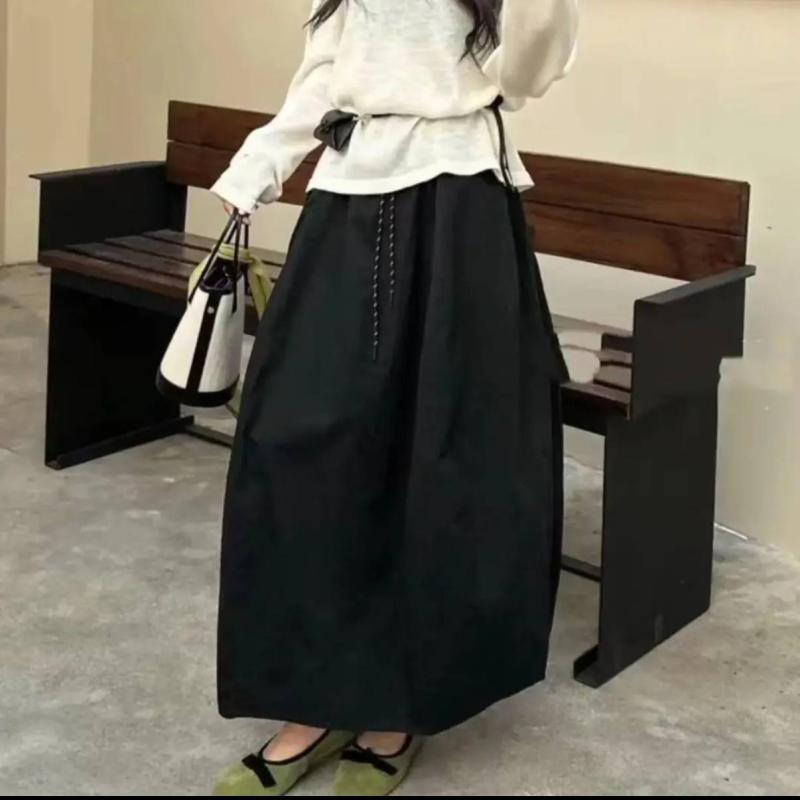 半身スカート レディース 夏用 韓系 ファッション スリム デザイン ゆったり スタイル 南瓜スカート シンプル ワークスカート トレンド スカート ポンパドール ロング スカート カラーブロック 黒 灰 白 紺 通勤 スタイル 気質 通勤風 プリント