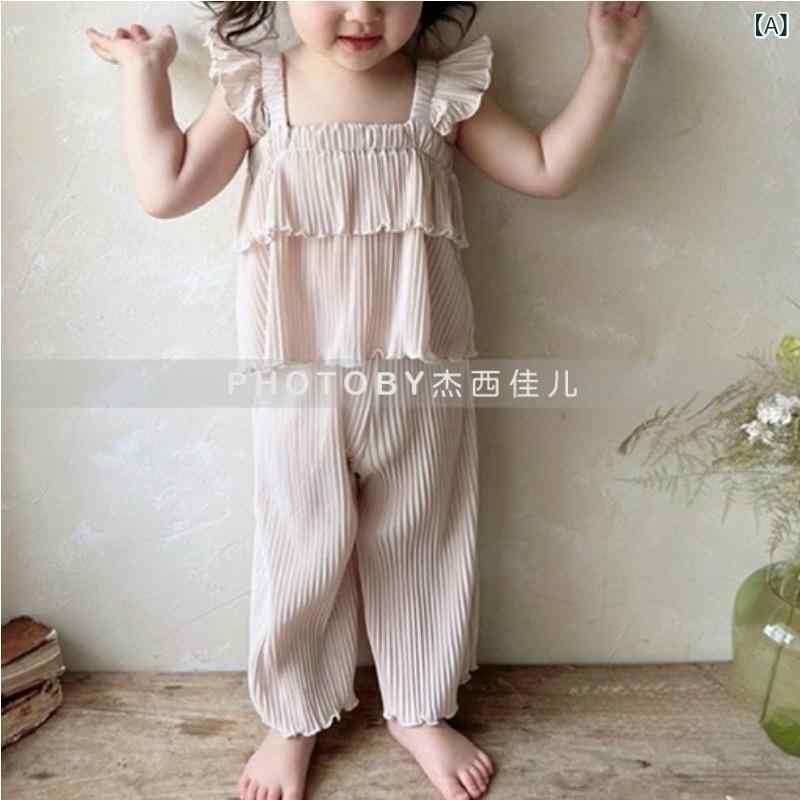 女の子 トップス 長ズボン セット 夏服 無袖 飛沫袖 長パン 韓風 シンプル 快適 柔らかい コットン風 純色 杏 ピンク ブルー 3-8歳 中小童 100-140cm