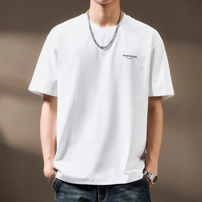 Garments - メンズ Tシャツ 短袖 トップス 男性用 韓国風 ゆったり 正肩 シンプル ストリートファッション 休日用 プリント 薄手 綿混紡 ポリエステル混紡 ルーズフィット 丸首 袖口標準 無帽 普通厚 耐摩耗 日常着 幾何学柄 米白 灰緑 黒 通勤 普段使い