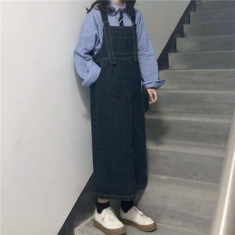 우송아지 스커트 원피스 레이디스 학생 한국풍 느긋하게 중장장 봄 여름 하이 웨스트 무소매 버튼 면 소재 순색 깊은 파랑 일상 사용 쾌적 데님 원단 코튼 95% 이상 데일리 코데