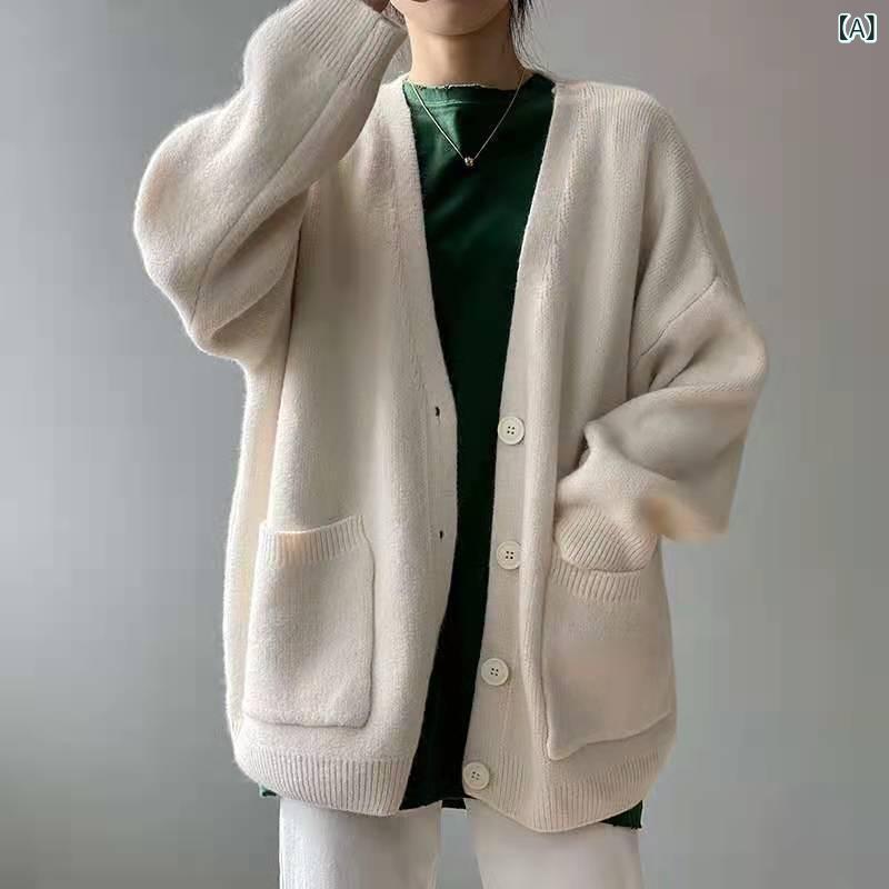 ニット 開衫 レディース 春夏 秋冬 ワッフル 長袖 Vネック 長め丈 ワイドシルエット ゆったり 気質 通勤 快適 休闲 純色 針織 包芯纱 腈纶 杏 白色 黒 薄手 単品 切り替え ボタン