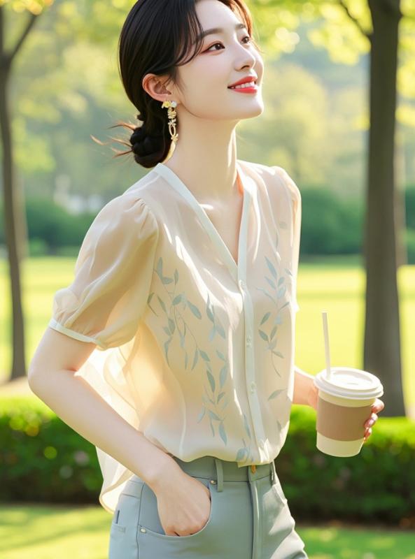 Rakuten - レディース シャツ Vネック 短袖 花柄 プリント オープンカーディガン ポリエステル 植物 花 立体 3D パターン 都市 通勤 気質 優雅 夏 2025 シーズン 普通丈 50-65cm 単排ボタン 画像色 花柄トップス 花モチーフ フレンチスタイル